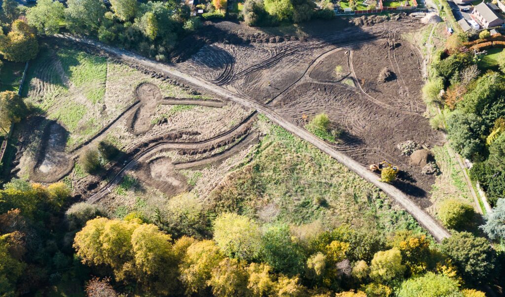 Drone shot above The Meadows. October 2024